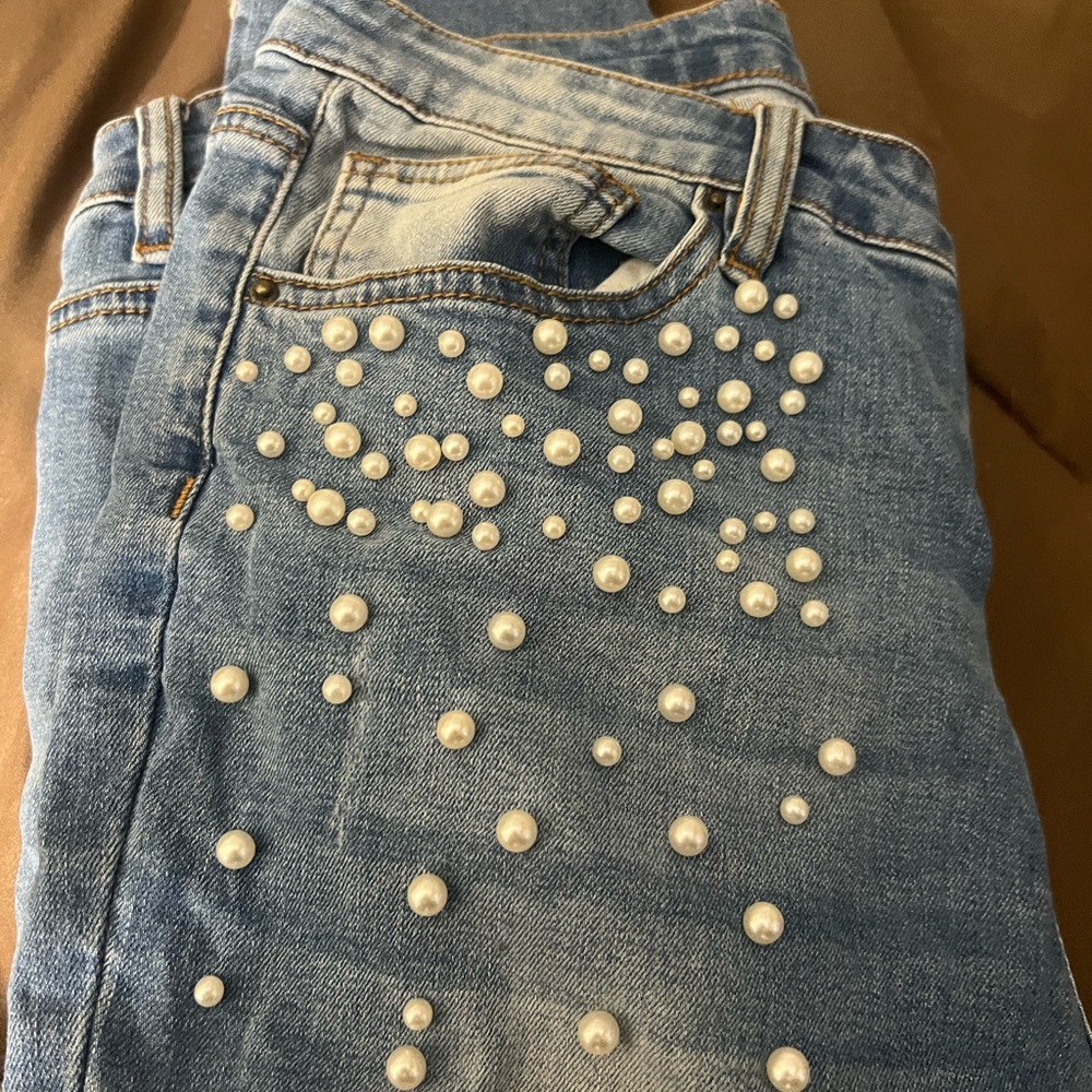 Women's Blue Pearl Embellished Jeans
